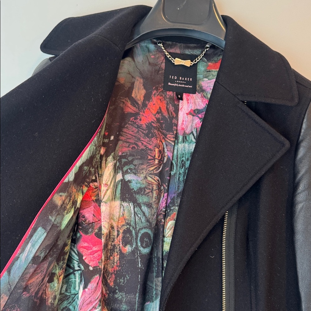 Ted Baker Alycia Black Wool Cashmere Coat with Leather Sleeves - Picture 5 of 8